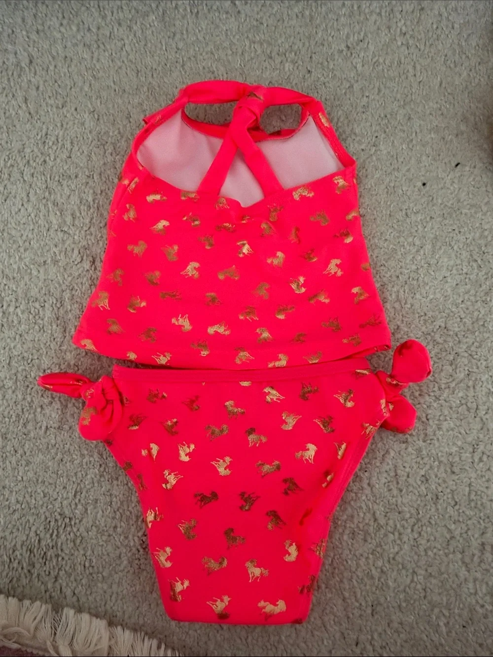 Girls' neon Pink Two-Piece Swim Set with Gold unicorn Print
